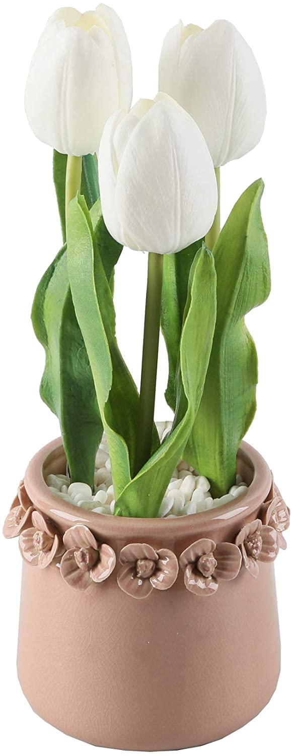 Real-touch faux tulips in a ceramic pot