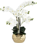 Faux orchid in a gold ceramic pot