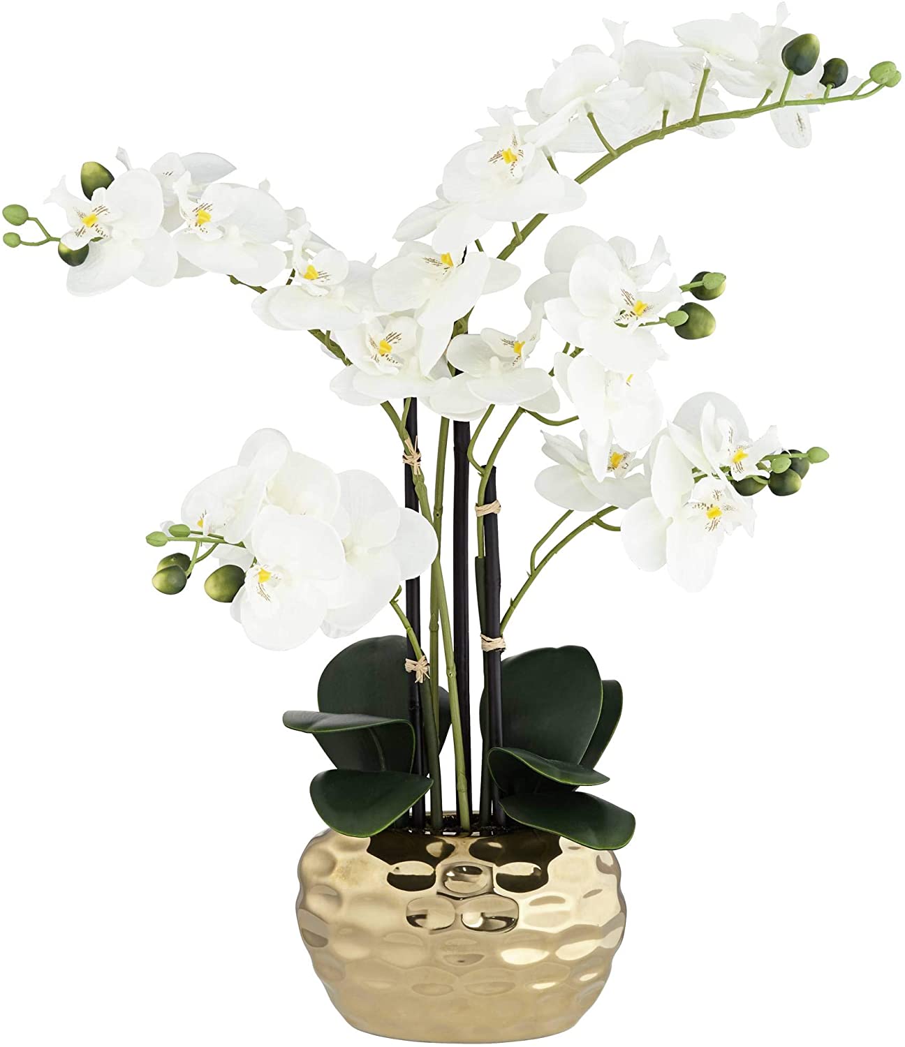 Faux orchid in a gold ceramic pot
